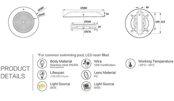 Luces al aire libre de la piscina de 18 vatios IP68 Inground