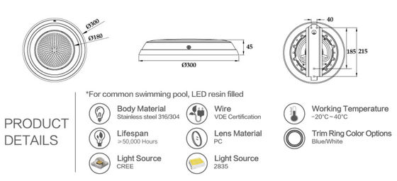 luces de la piscina de Inground del submarino del diámetro SS304 18W de 300m m